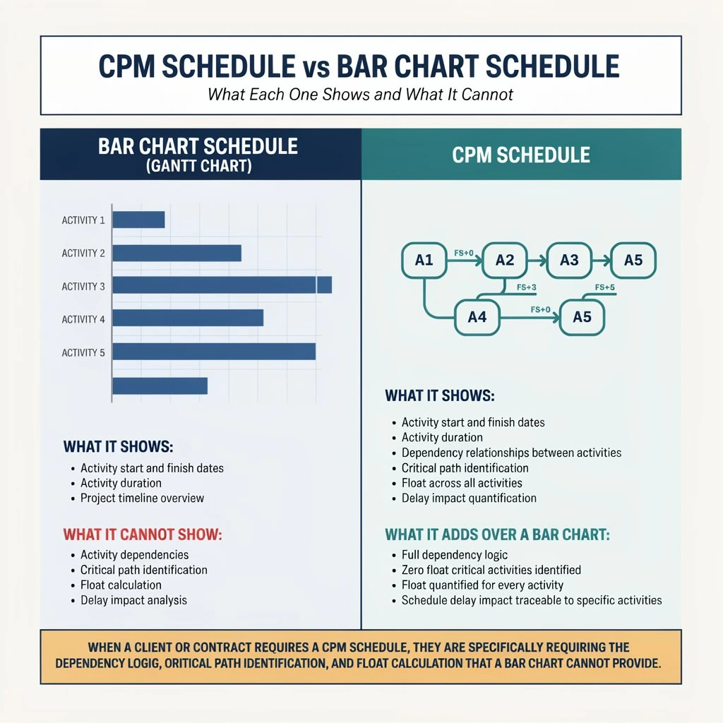 CPM Schedule vs Bar Chart Schedule: What Each One Shows and What It Cannot