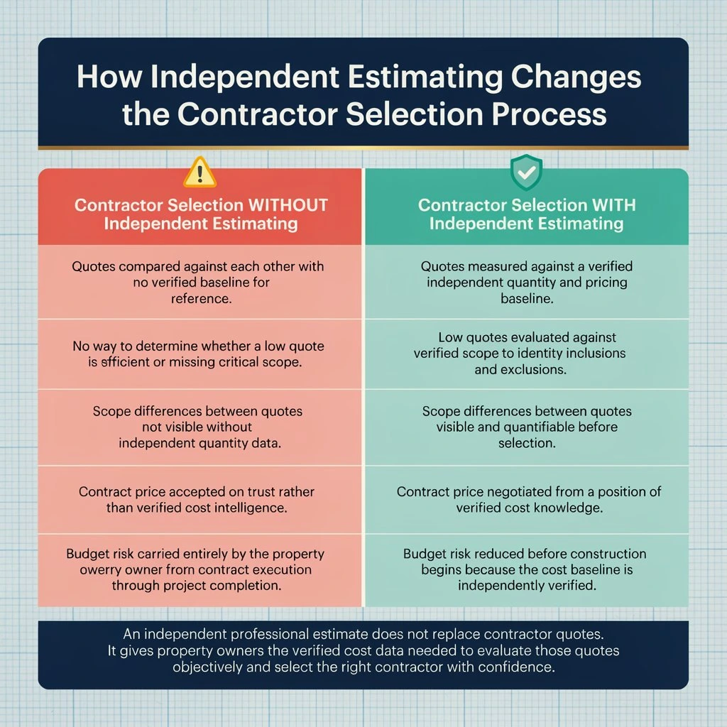 The most expensive mistakes in contractor selection happen before construction begins, and most of them trace back to decisions made too quickly under the pressure of a project start date. Selecting the lowest quote without understanding what it includes or excludes is one of the most common errors. A low bid that omits critical scope items will generate change orders during construction that quickly exceed what a more complete, higher bid would have cost from the start. Skipping the reference verification step is another frequent mistake. A contractor's portfolio images and website communicate the best version of their work. A conversation with a previous client communicates what the experience of working with them actually involves. Signing a contract before the full scope is documented in writing creates disputes during construction when the property owner and contractor have different recollections of what was agreed. Every item included in the contract price should be specified in writing before any work begins. Failing to verify insurance coverage before work starts is a risk that many property owners underestimate until something goes wrong on site and the liability question arises. Always request and verify current certificates of insurance before a contractor's crew enters the project site. H2: How Professional Estimating Strengthens the Contractor Selection Process